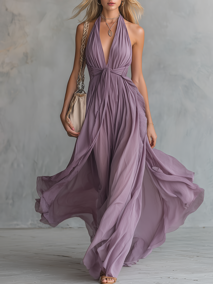 Robe de soirée femme fluide jaune, sans manches, col V halter, style A-ligne. Parfaite pour un événement chic.