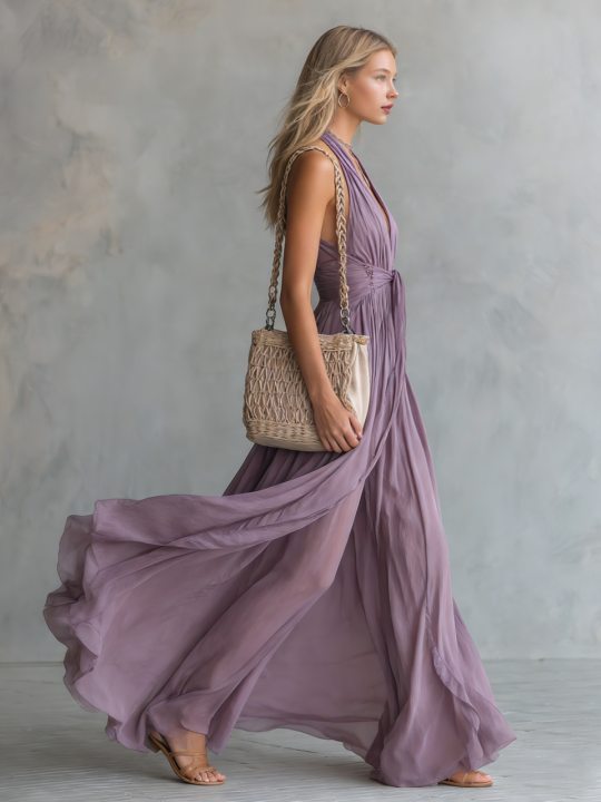 Élégante robe maxi femme jaune, col halter profond & V plongeant, coupe A-ligne. Idéale pour les fêtes d'été.