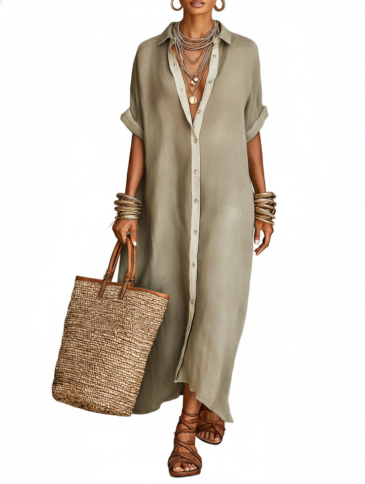 Robe maxi chemise femme oversize chic et décontractée. Idéale pour l'été, les voyages et le confort.