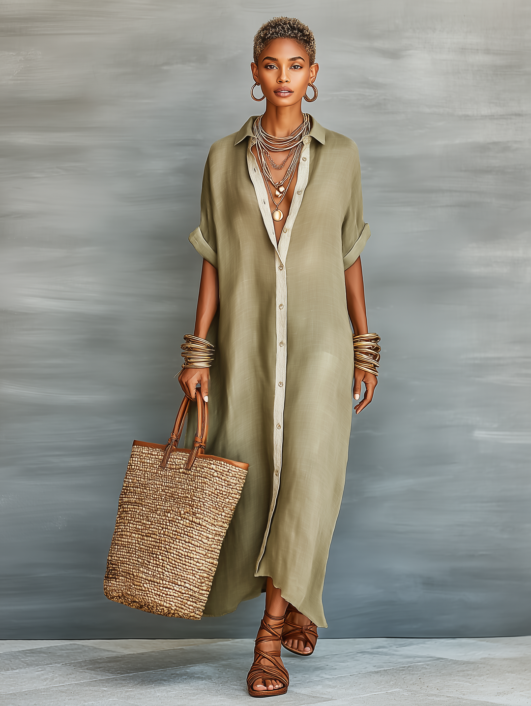 Femme en robe maxi chemise d'été avec chapeau. Parfaite pour le voyage, style oversize décontracté et chic.