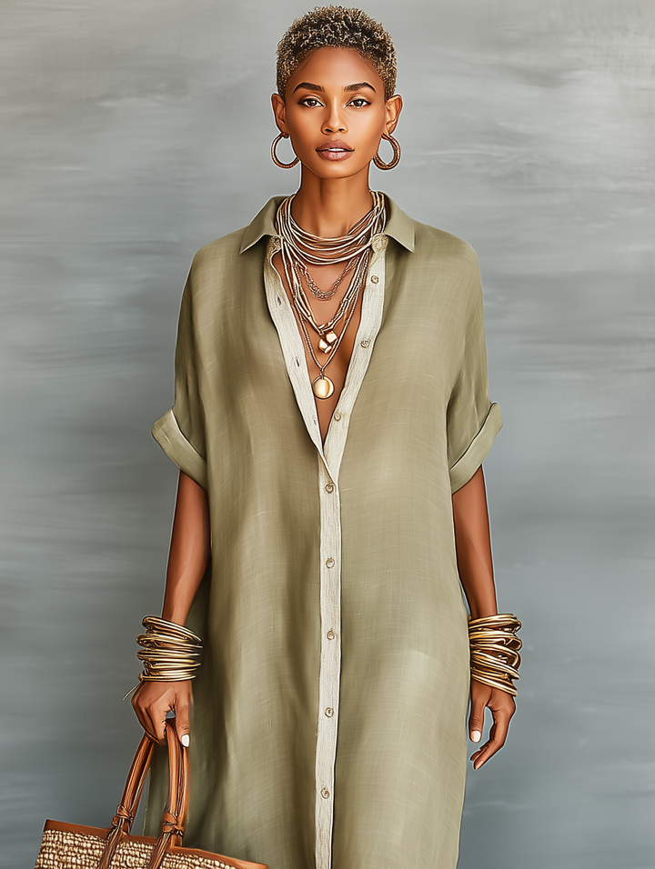 Robe chemise femme oversize polyvalente. Coupe longue décontractée chic, parfaite pour les journées d'été et vacances.