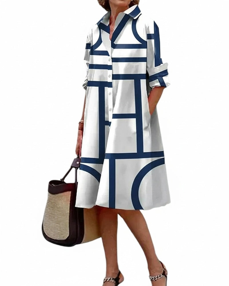Robe midi femme élégante à imprimé géométrique, col chemise, manches 3/4.