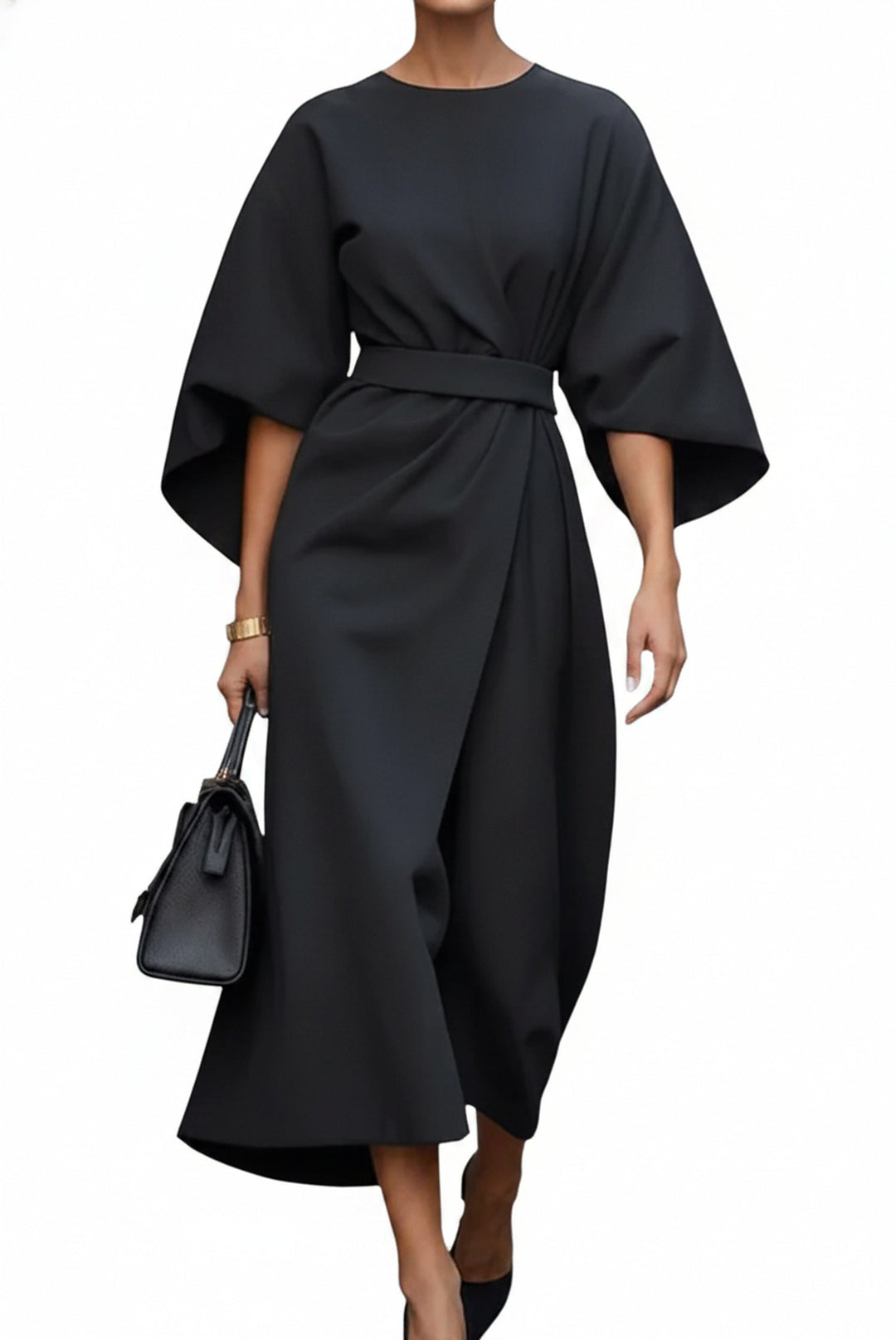 Robe midi élégante femme à manches kimono, col rond et ceinture, idéale pour soirée ou événement chic.