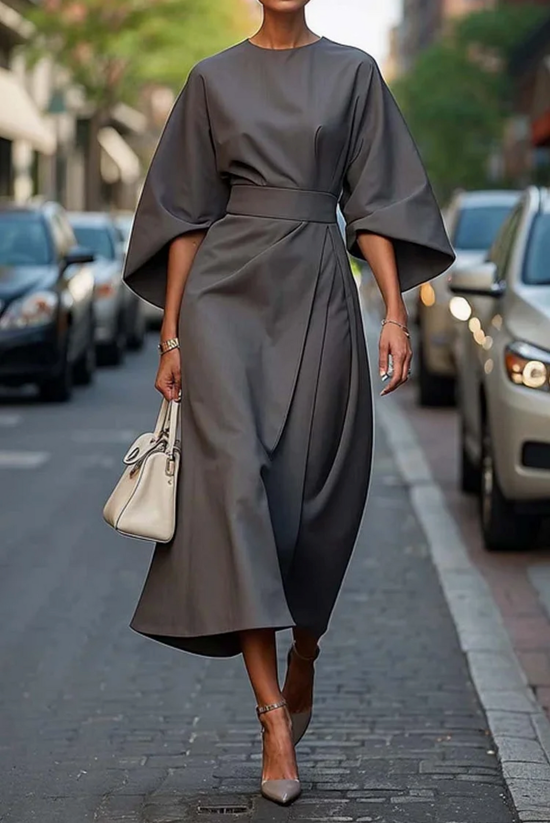 Robe midi femme à coupe fluide, manches kimono et ceinture pour une silhouette élégante. Idéale robe habillée.
