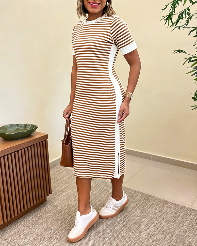 Robe femme à rayures, coupe midi, manches courtes, col rond, chic pour le quotidien.