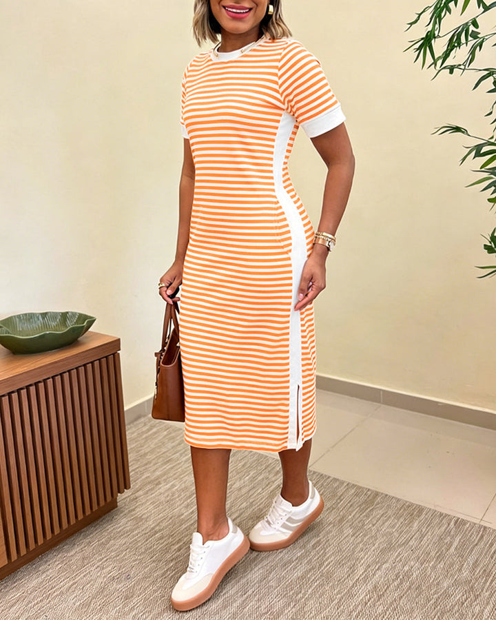 Mode été : robe midi femme à rayures, légère, avec fente et poches, très confortable.
