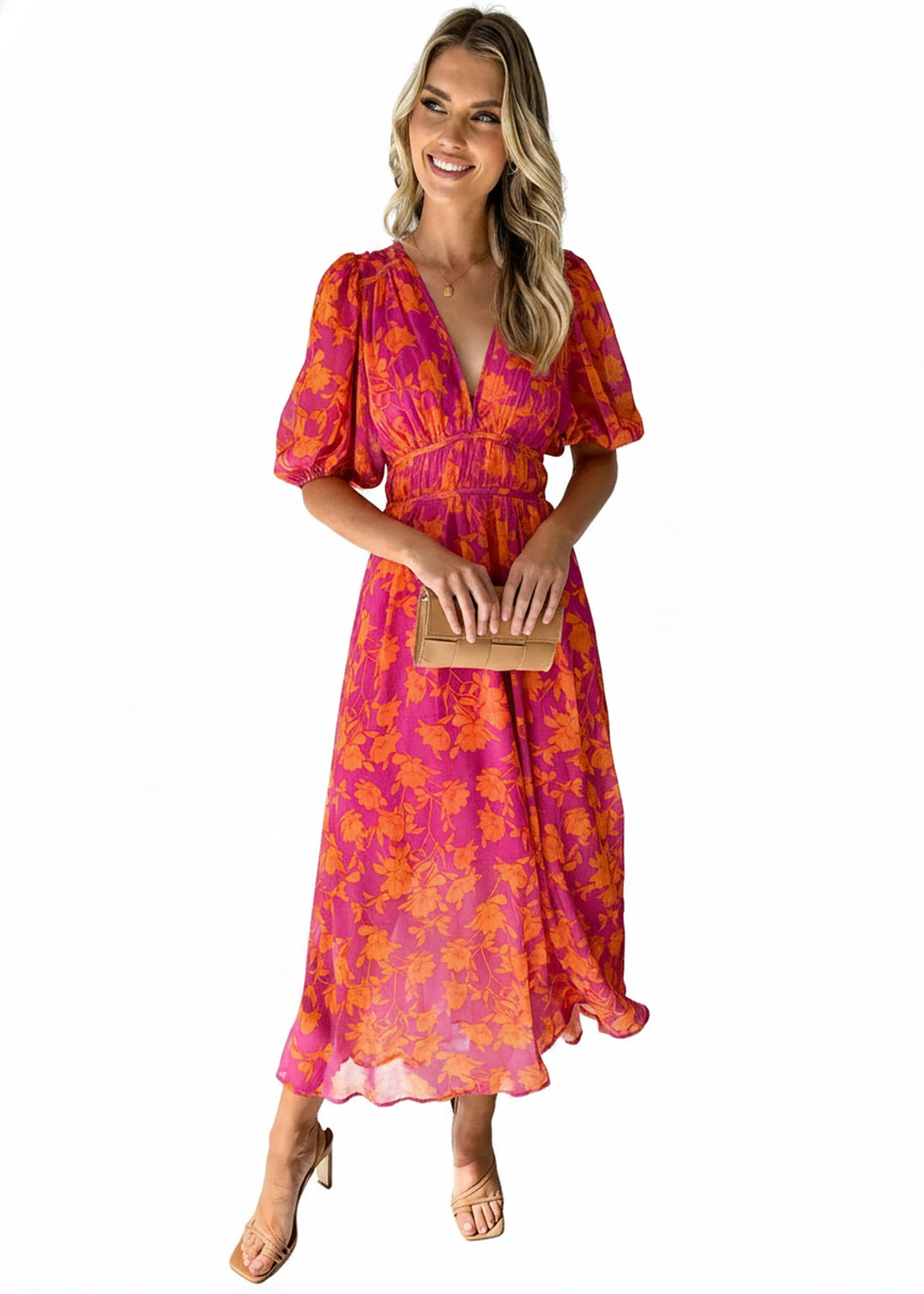 Robe midi florale femme élégante, manches bouffantes, col V. Parfaite pour l'été, soirée ou mariage.
