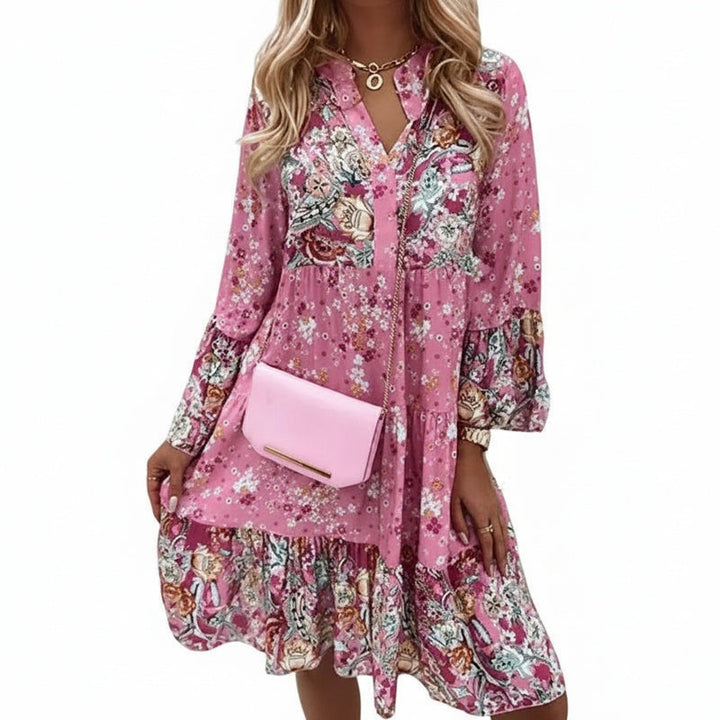 Robe midi florale bohème élégante pour femme, manches longues et col V. Parfaite pour le printemps/été.