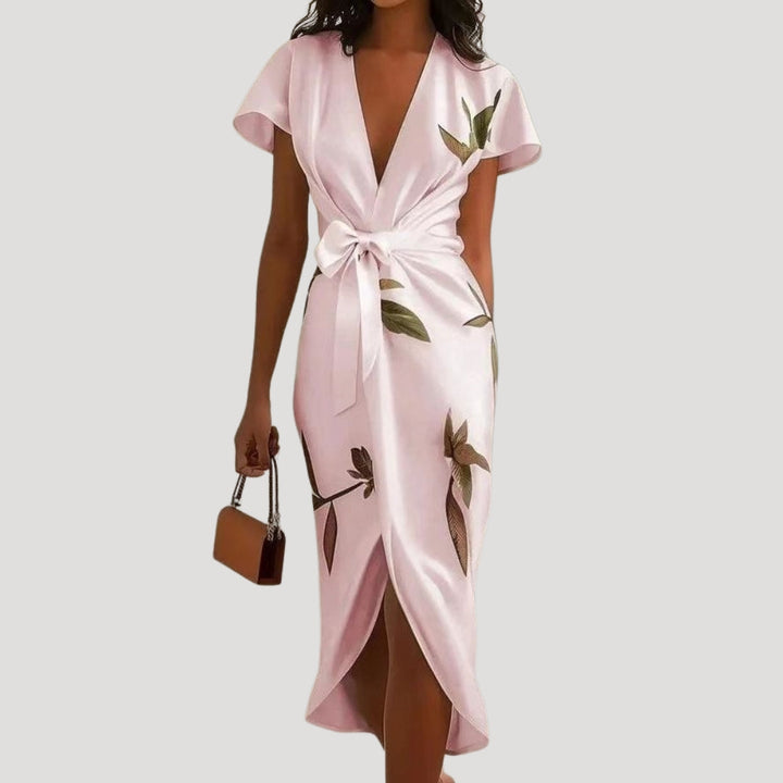 Robe midi portefeuille femme élégante à imprimé floral, col V, idéale pour l'été et le printemps.