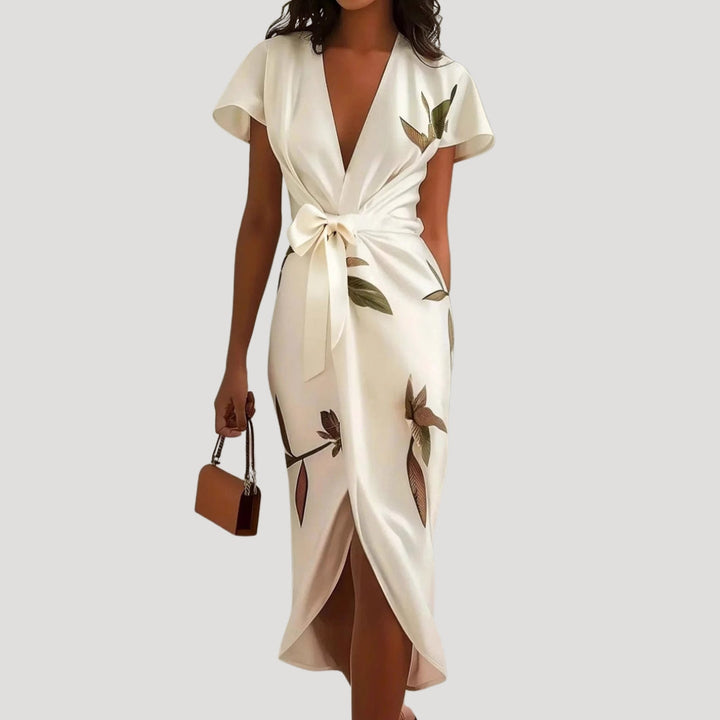 Robe femme midi portefeuille à manches courtes, imprimé floral éclatant, col V, style printemps/été chic.