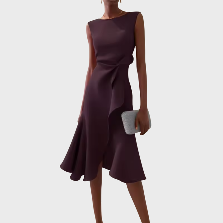Robe de soirée drapée asymétrique, longueur midi, coupe ajustée, parfaite pour toute femme.