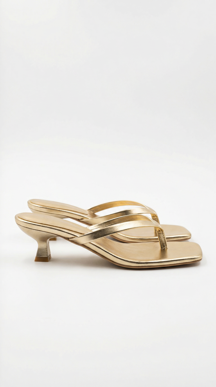 Chaussures d'été femme chic, sandales kitten heel. Modèle confortable à lanière entre orteils.
