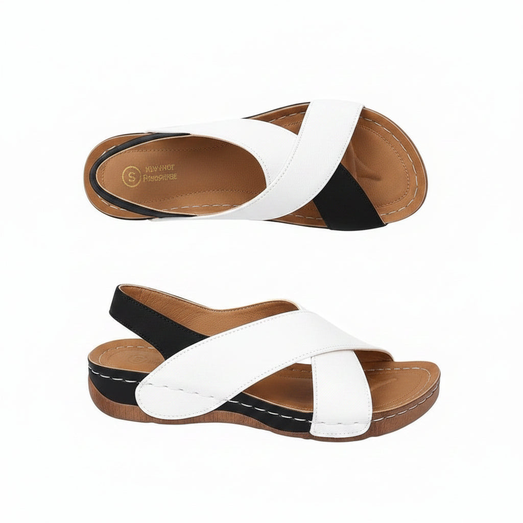 Sandales compensées bicolores pour femme avec bride arrière, confortables et élégantes pour l'été.