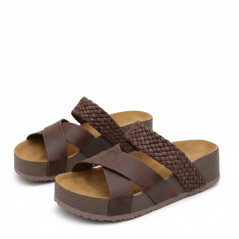 Sandales plateforme femme élégantes, brides croisées tressées, parfaites pour l'été et la mode bohème.