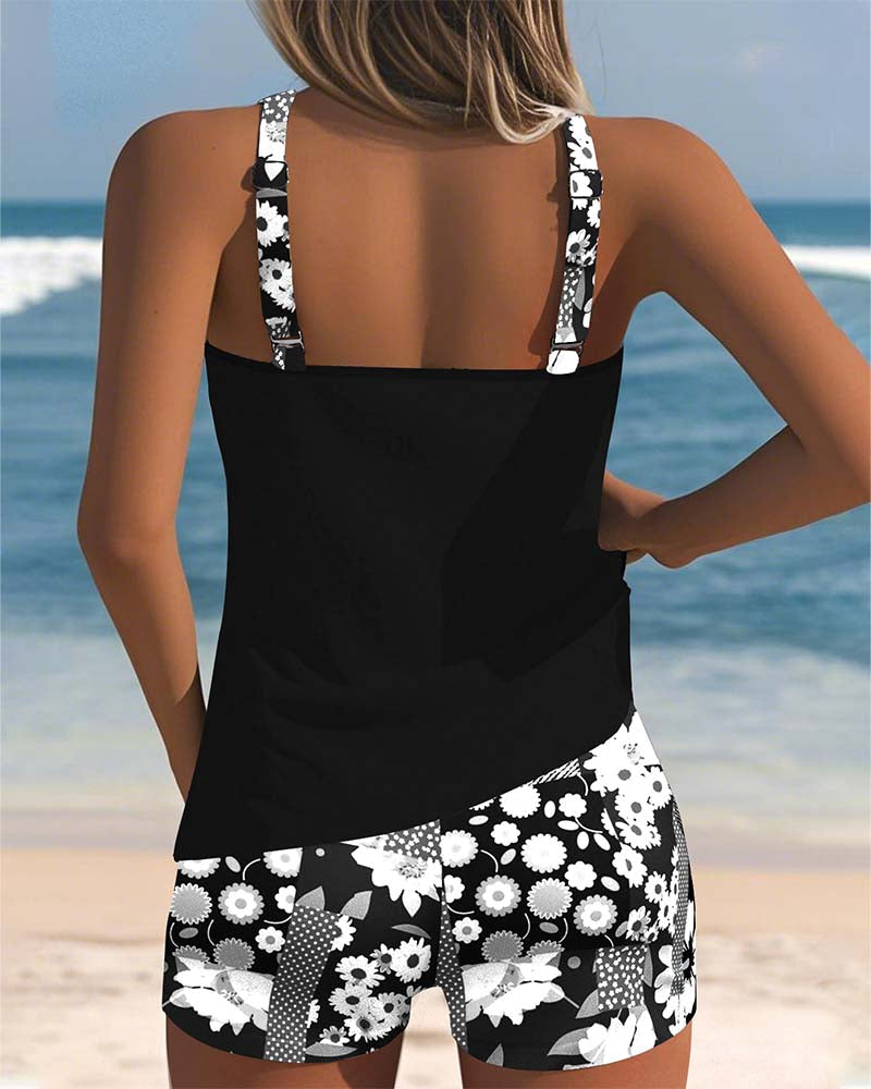 Ensemble tankini floral femme, deux pièces confortable pour l'été.