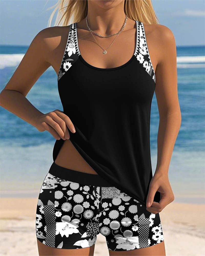 Maillot de bain femme tankini élégant, dos ouvert et motif floral.