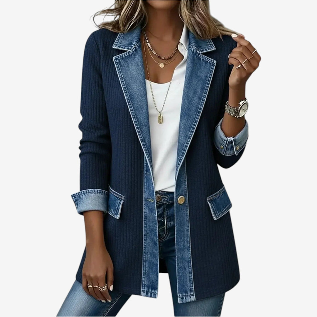 Veste femme chic, hybride à col revers. Manches longues. Pour un look mode décontracté et original mi-saison.