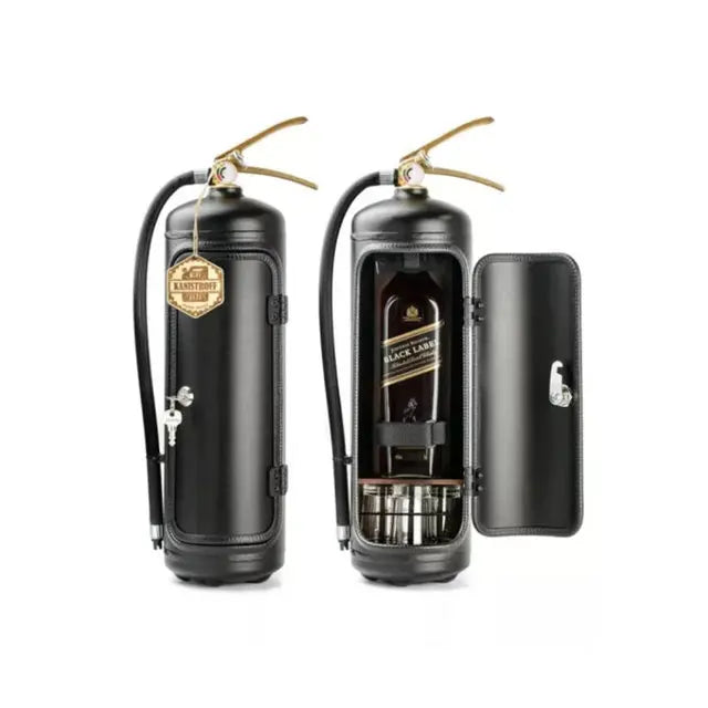 Cadeau original : cache-bouteille extincteur rouge et noir, accessoire bar humoristique pour vin ou whisky.