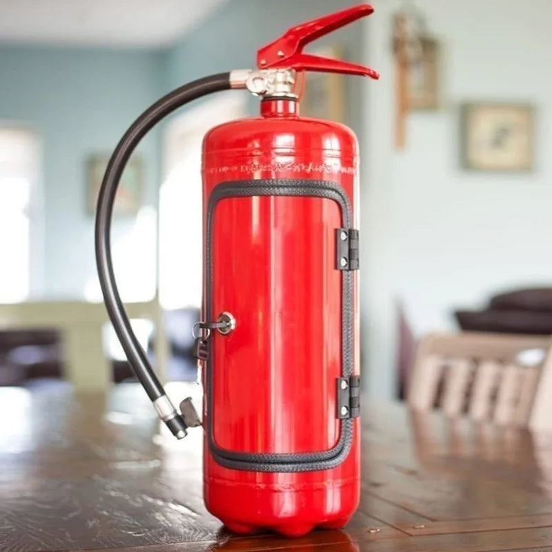 Rangement bouteille extincteur design rouge et noir pour whisky, vin ou champagne. Un accessoire bar chic.