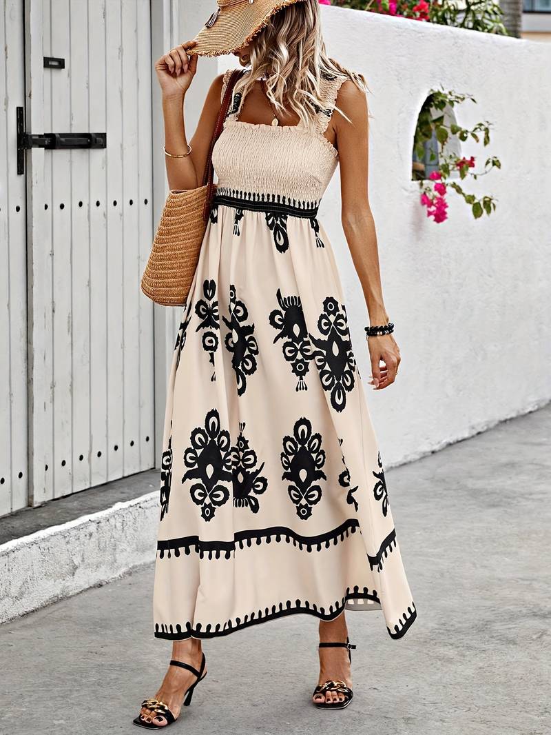 Magnifique robe longue femme 'Brise du Désert', coupe bohème fluide, élégante et confortable pour toutes les occasions estivales.