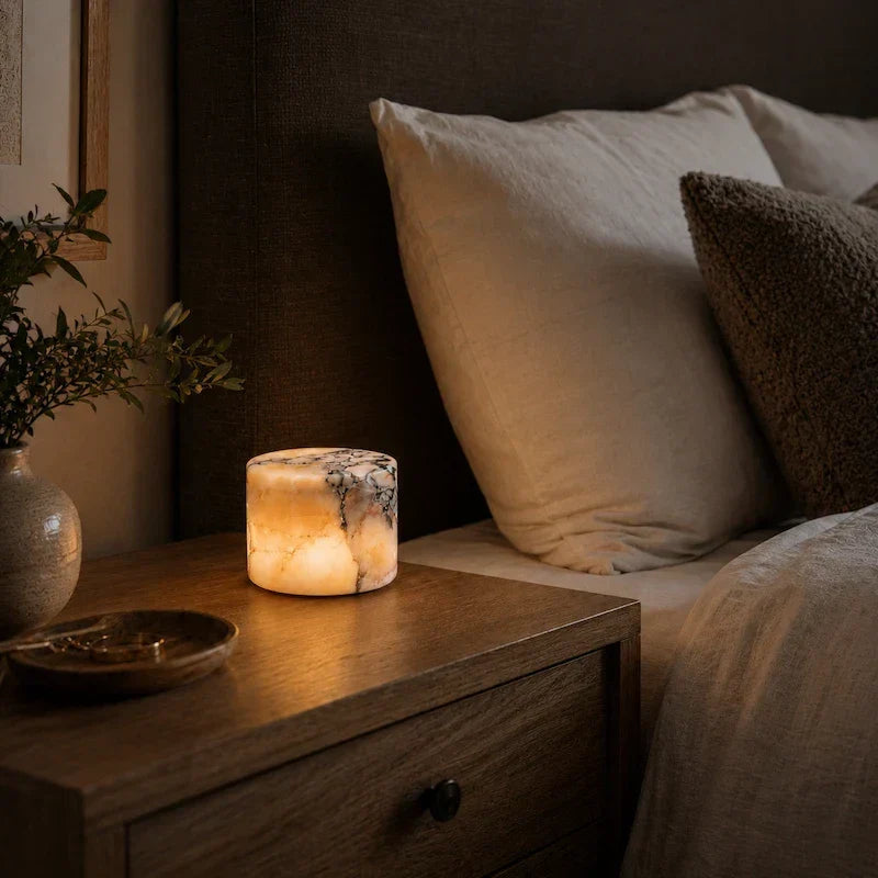 Lampe de table rechargeable en marbre blanc, design moderne tactile. Idéale pour chevet ou salon.