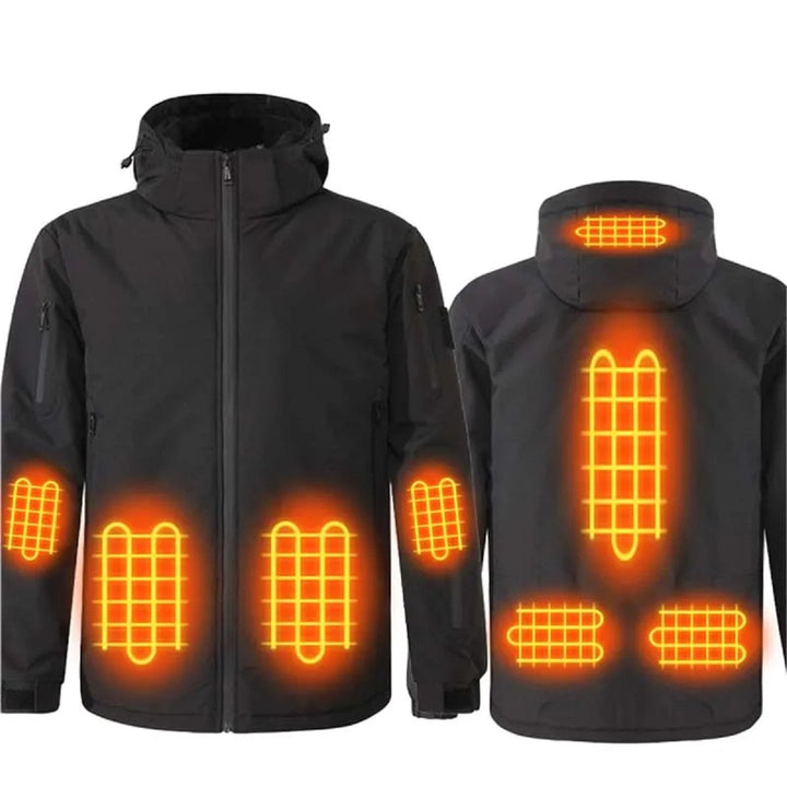 Veste chauffante homme moderne avec capuche pour hiver. Manteau électrique offrant chaleur ultime et protection extérieure.