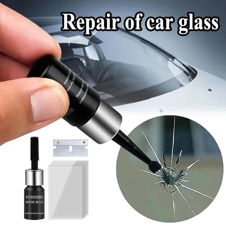 Contenu du kit de réparation vitres: résine spéciale, applicateur et outils pour un pare-brise impeccable.