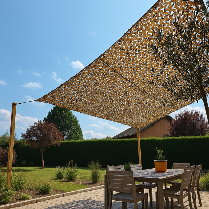 Filet de camouflage polyester pour extérieur, idéal ombre jardin & camping. Protection UV & discrétion.