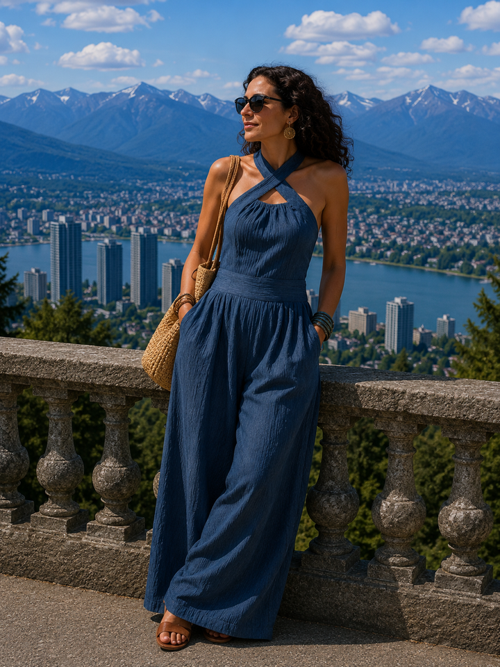 Combinaison femme fluide élégante à jambes larges et corsage croisé, parfaite pour l'été chic.