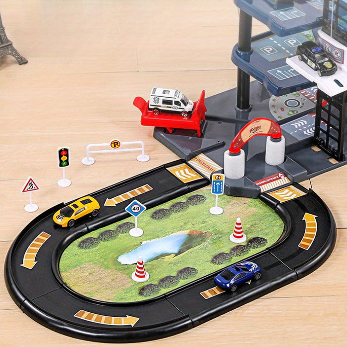 Grand garage jouet multistage pour enfants, jeu de rôle pompiers/police, favorise le développement.