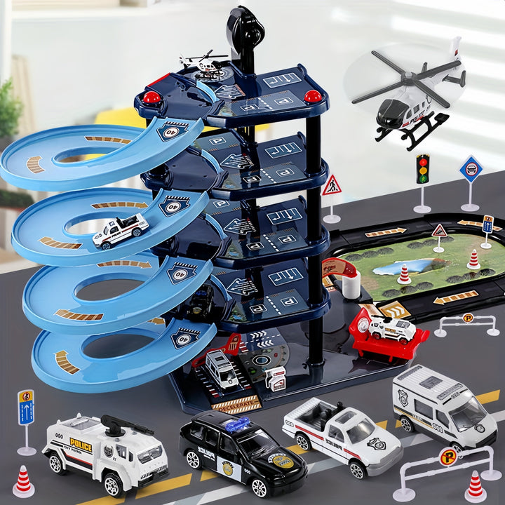 Cadeau idéal: set garage enfant avec véhicules de police et pompiers, jeu multistage interactif.