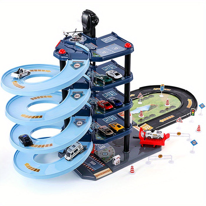 Set garage pompier/police pour enfant, jeu d'action multistage avec rampes et véhicules miniatures.