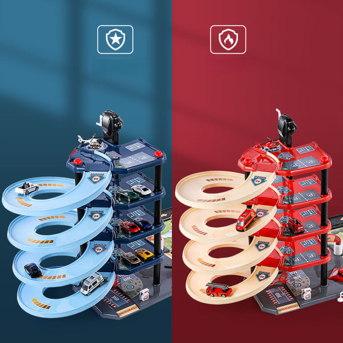 Jouet garage enfant multistage, thème police et pompiers, véhicules inclus pour un jeu de rôle immersif.