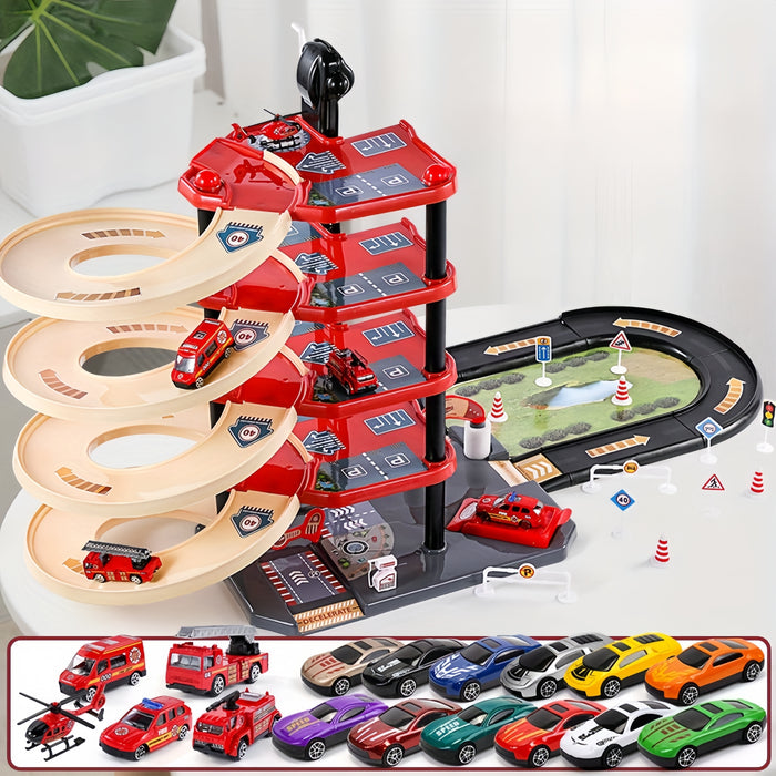 Garage jouet enfant multistage, missions de police et pompiers, heures de jeu et d'aventure garanties.