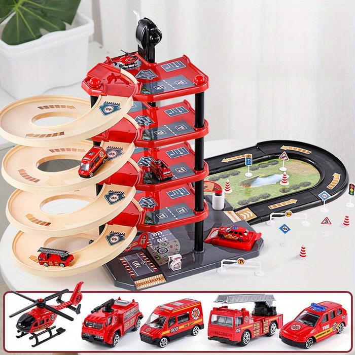Garage enfant multistage, stimule la créativité avec aventures pompiers et police, véhicules inclus.