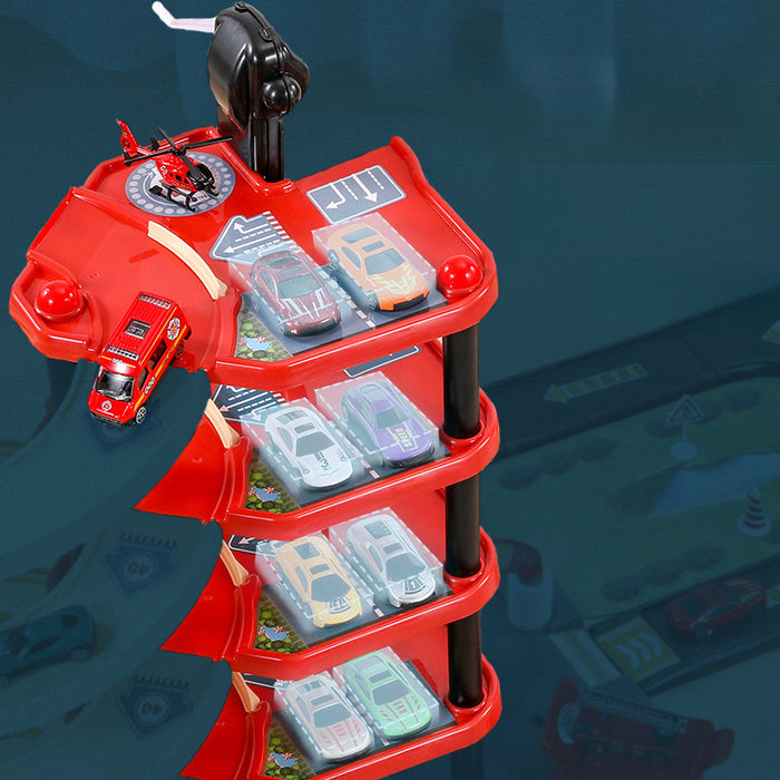 Set de jeu garage enfant multistage avec véhicules pompiers et police, pour aventures captivantes et jeu de rôle.