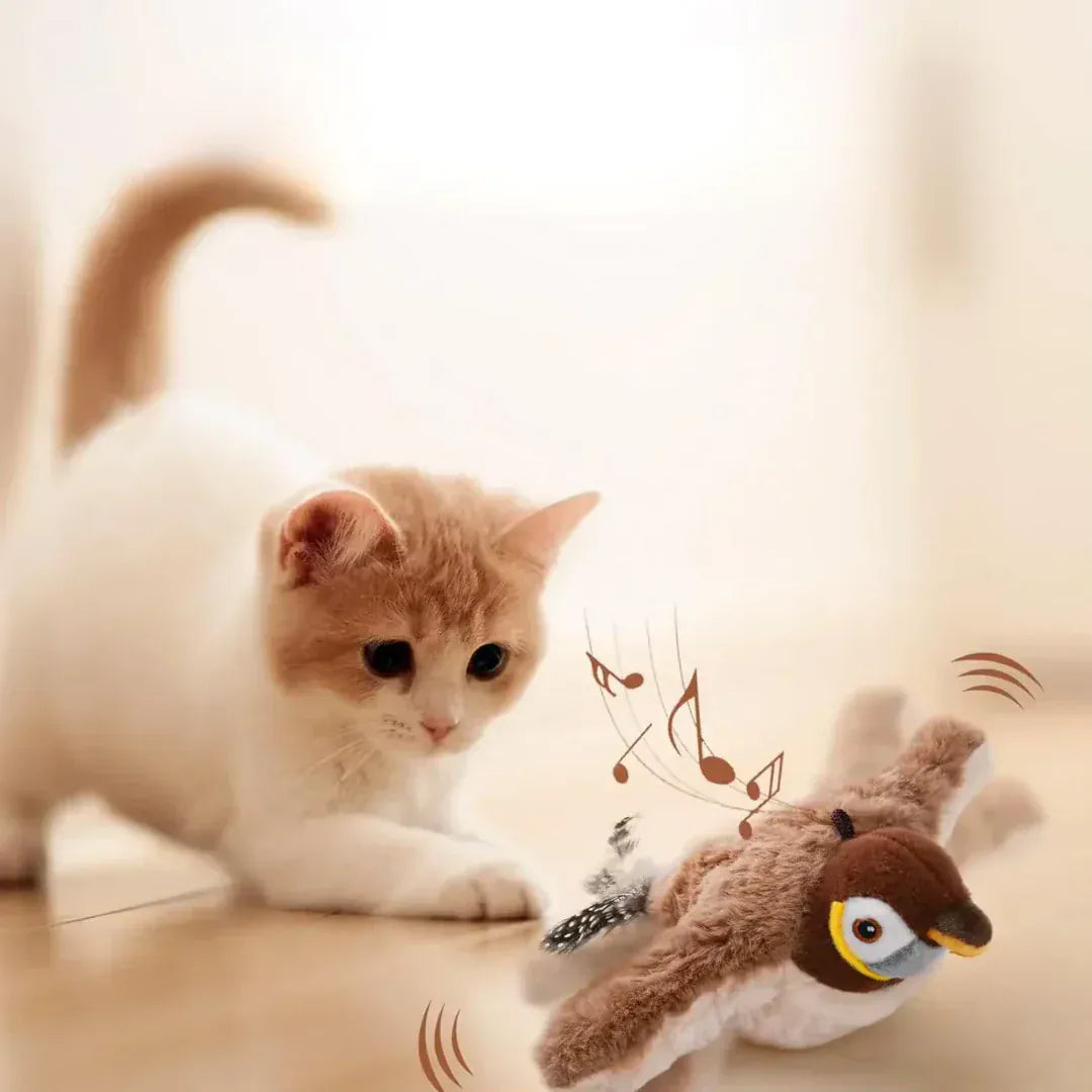 Jouet interactif oiseau battant rechargeable pour chat, stimulant l'instinct de chasse naturel et l'activité féline.