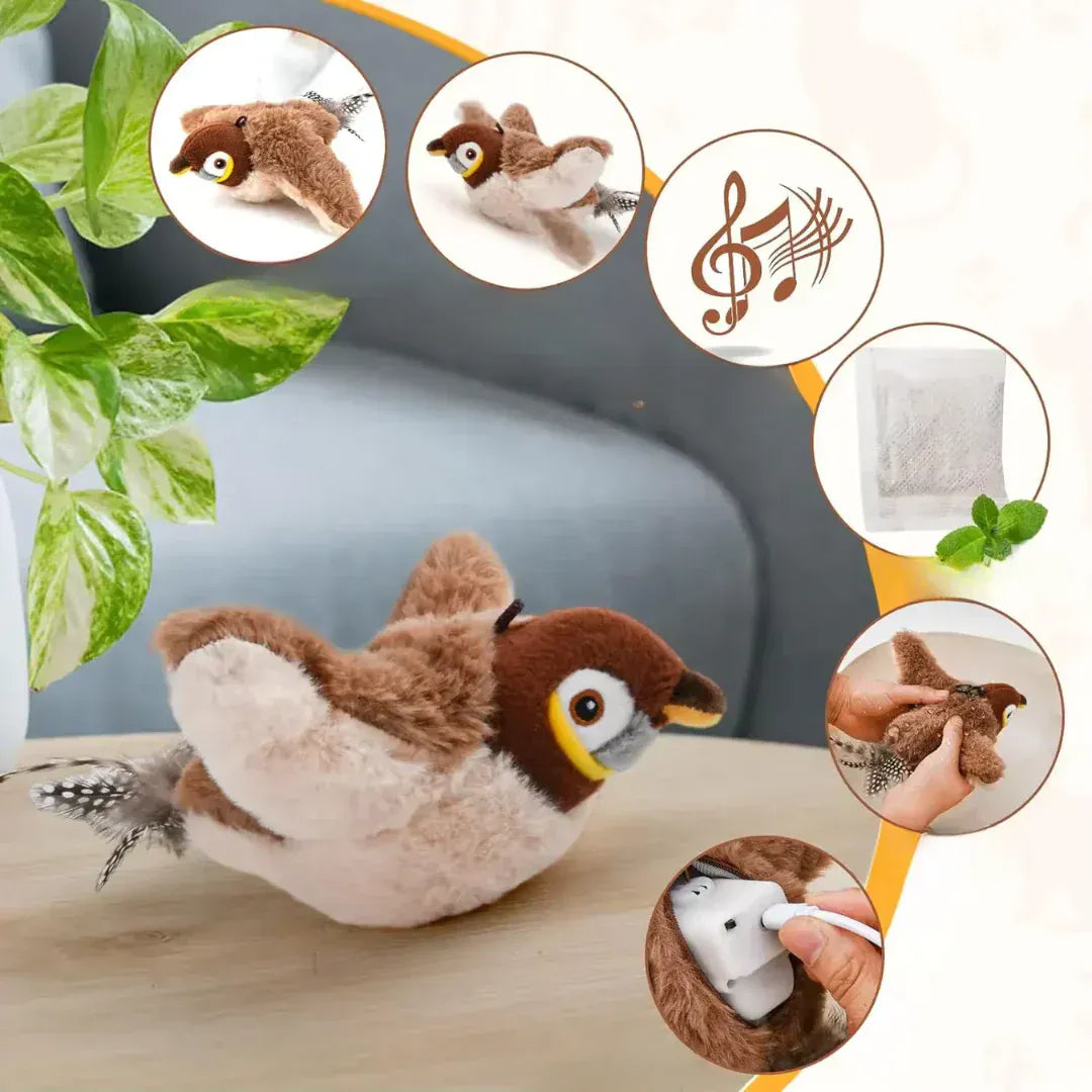 Oiseau jouet réaliste et interactif pour chat, avec mouvement battant et rechargeable, parfait pour le jeu félin.