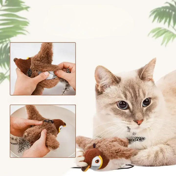 Divertissement félin: oiseau jouet rechargeable pour chat avec mouvements d'ailes, stimulant l'exercice et la curiosité.