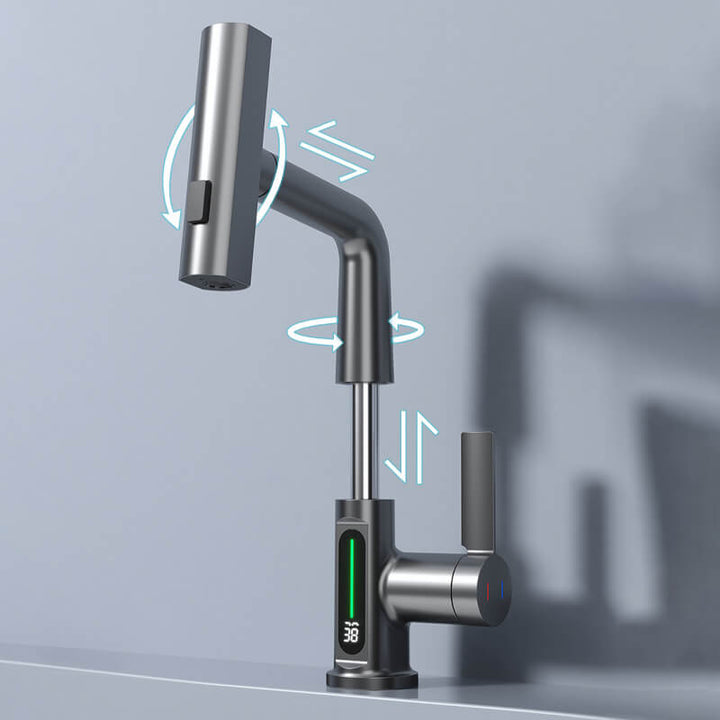 Robinet de cuisine flexible avec 5 modes de jet et contrôle LED température.