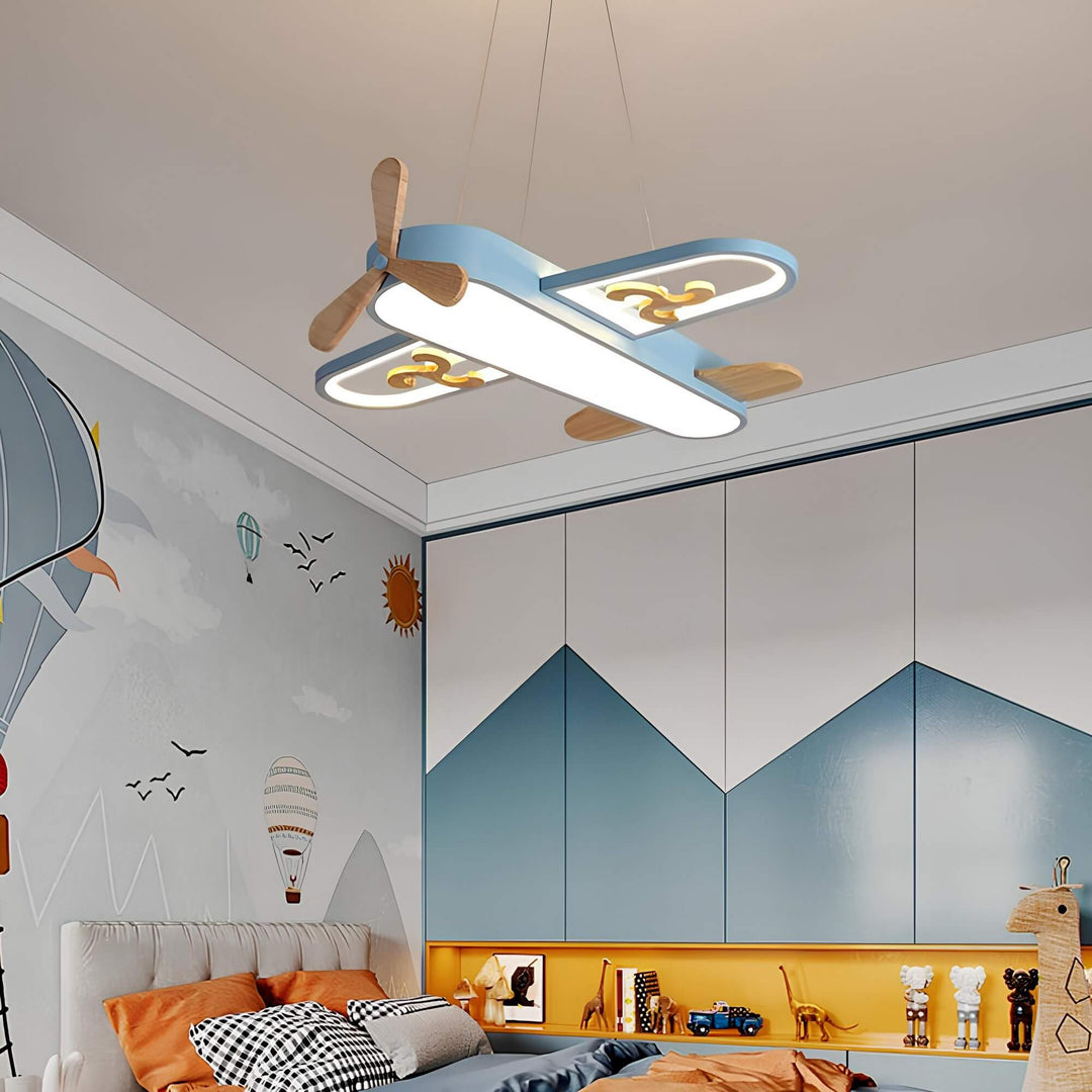 Suspension LED avion enfant, design ludique, lumière dimmable pour chambre créative.