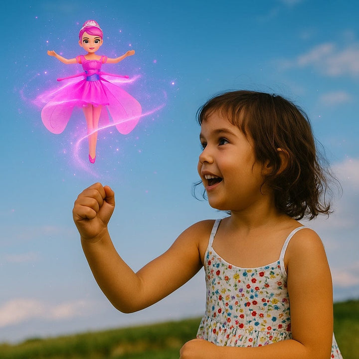 Enfant émerveillé par la fée volante FlutterFly rose, planant grâce à son capteur de mouvement.