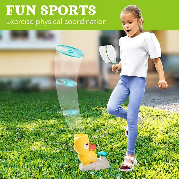 Lanceur de disques colorés pour enfants, encourage le jeu actif, l'exercice et la coordination visuo-motrice.