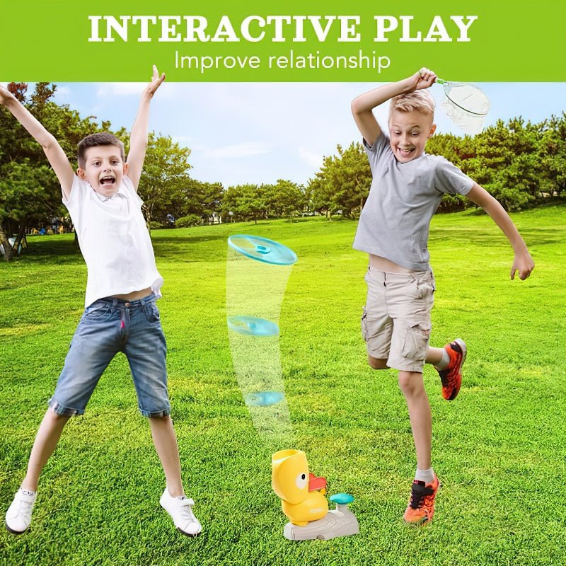 Jouet frisbee lanceur pour enfant, parfait pour le jeu en famille en intérieur comme en extérieur.