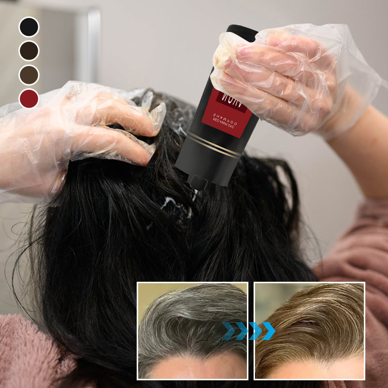 Flacon de shampooing colorant unisex, couvre les cheveux gris instantanément et facilement.