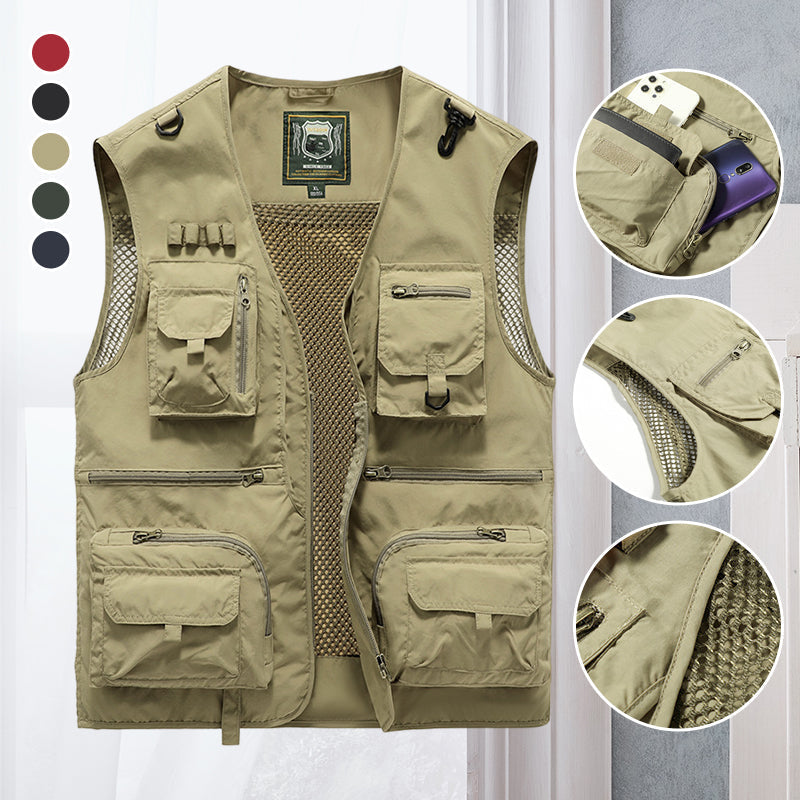 Gilet homme léger multi-poches kaki pour randonnée, pêche & activités outdoor estivales.