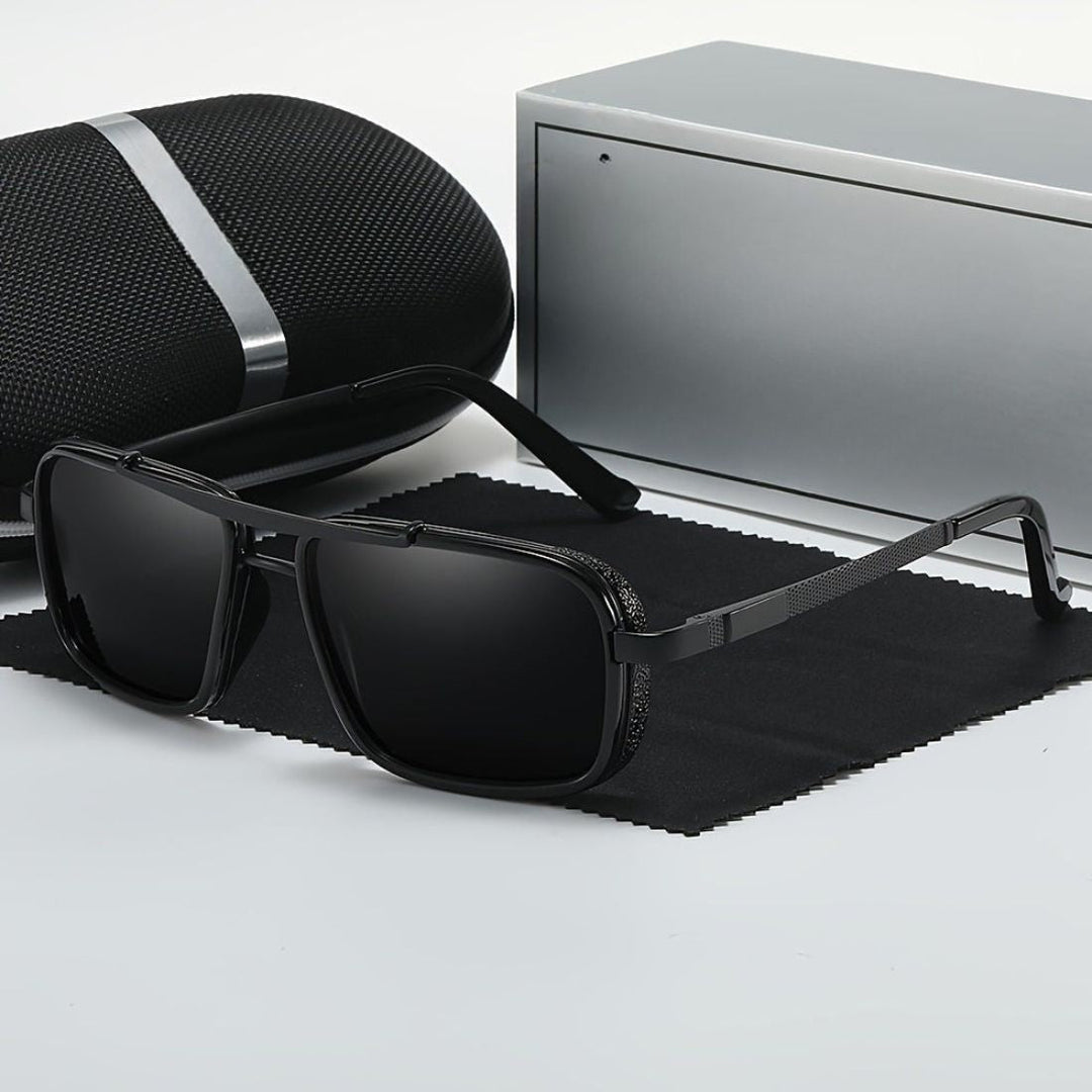 Lunettes de soleil carrées pour hommes, monture en acier inoxydable, polarisées avec protection UV contre le soleil.