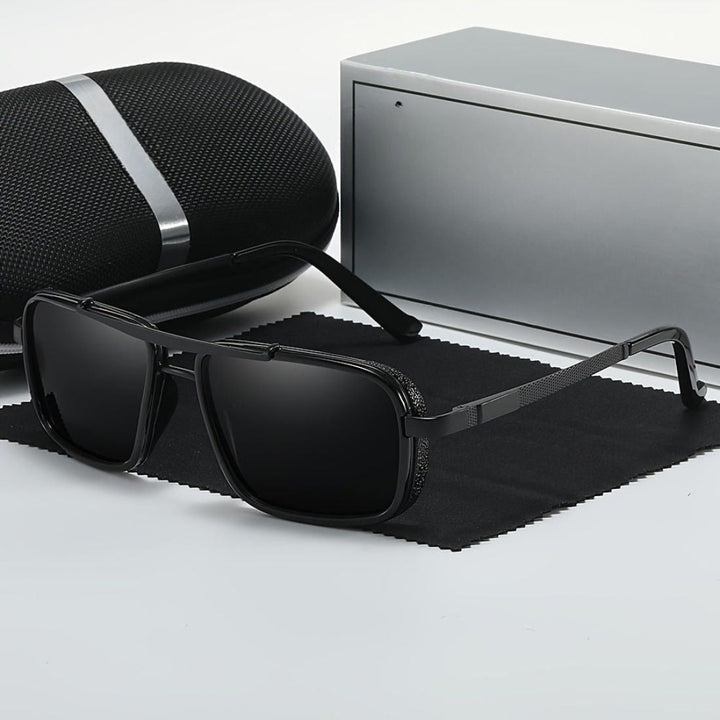 Lunettes de soleil carrées pour hommes, monture en acier inoxydable, polarisées avec protection UV contre le soleil.