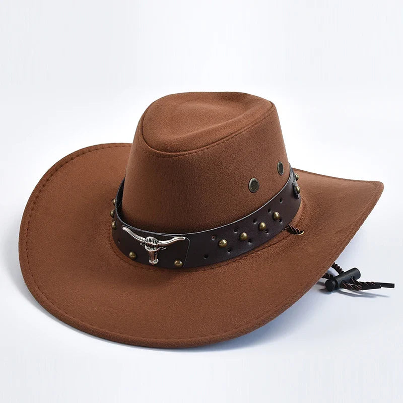 Chapeau de cow-boy unisexe classique, vue latérale, avec large bord et jugulaire ajustable pour l'aventure.