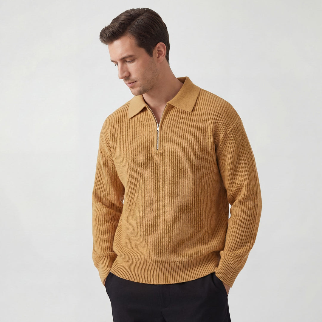 Pull en maille zippé ample pour homme, look tendance et élégant pour le quotidien décontracté.